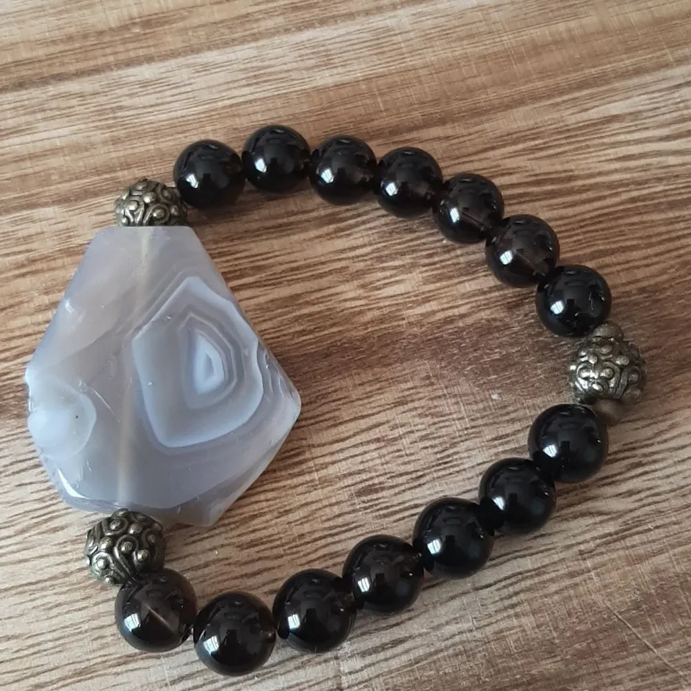 Agate & Smoky Quartz Beaded Stretch Bracelet